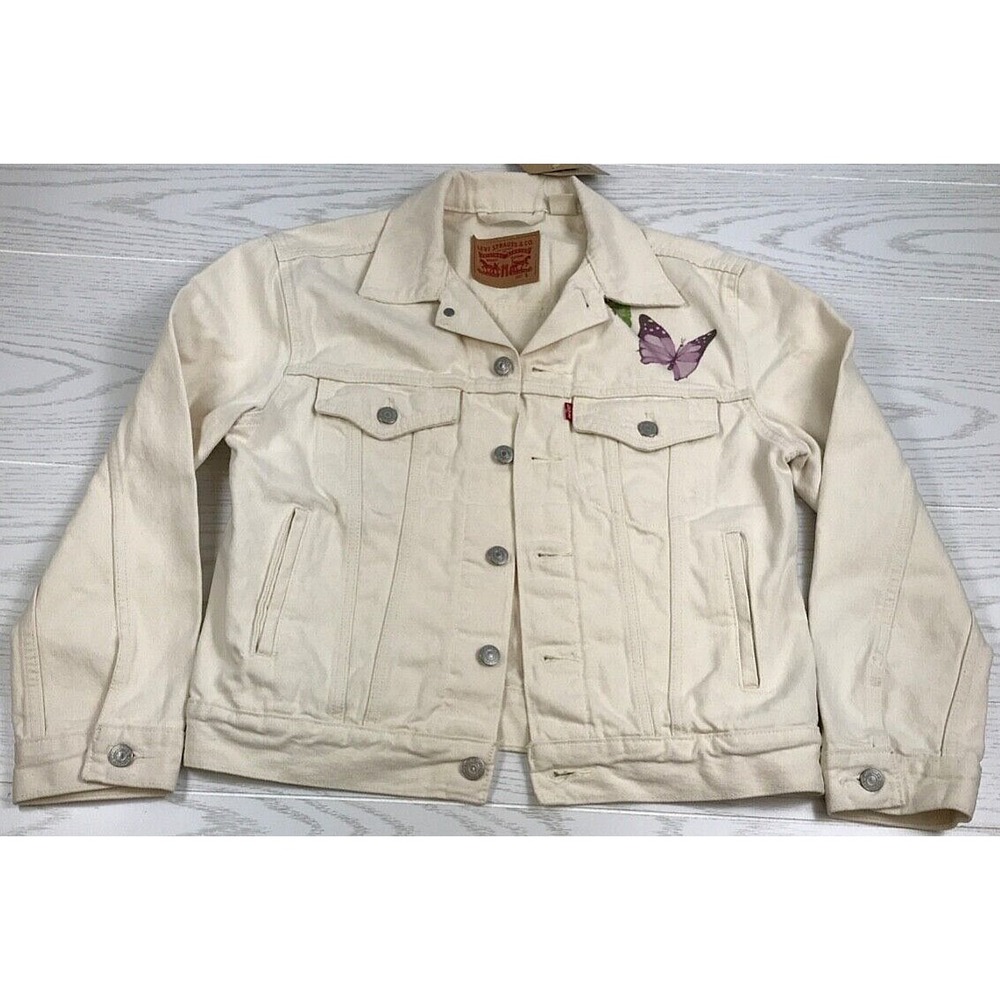 Womens Levi's Ex-boyfriend Trucker Denim Jacket Small White Butterfly Print New